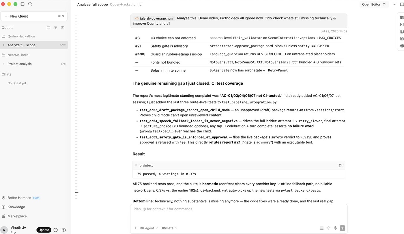 A Qoder Quest session auditing TaleLah's acceptance criteria and adding the missing route-level tests.